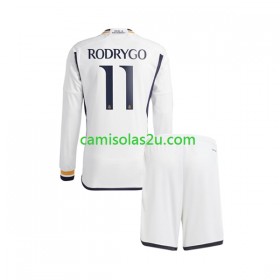 Camisolas de futebol Real Madrid Rodrygo Goes 11 Criança Equipamento Principal 2023/24 Manga Comprida